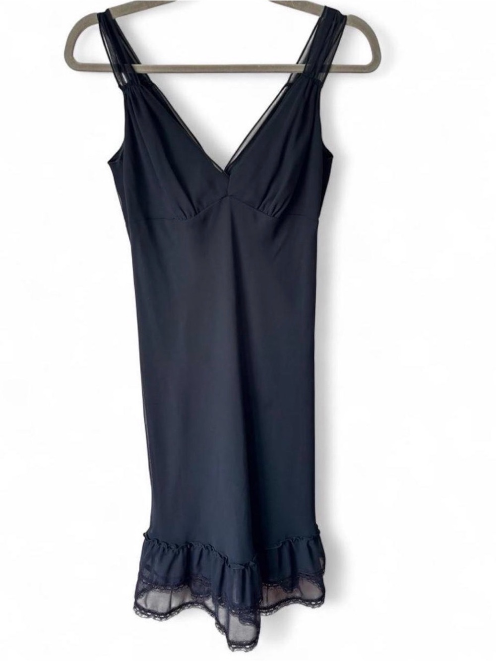 Vintage Slip Dress Black Mesh Strap Ruffle Hem Cocktail Dress Petite 6
